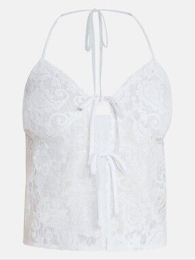 NEW No Boundaries Women's Crochet Lace Tie Front Halter Tank Swim Coverup Medium